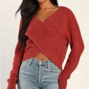 Lulus Cross My Mind Rusty Rose Eyelash Knit Cross Front Sweater - Size Small